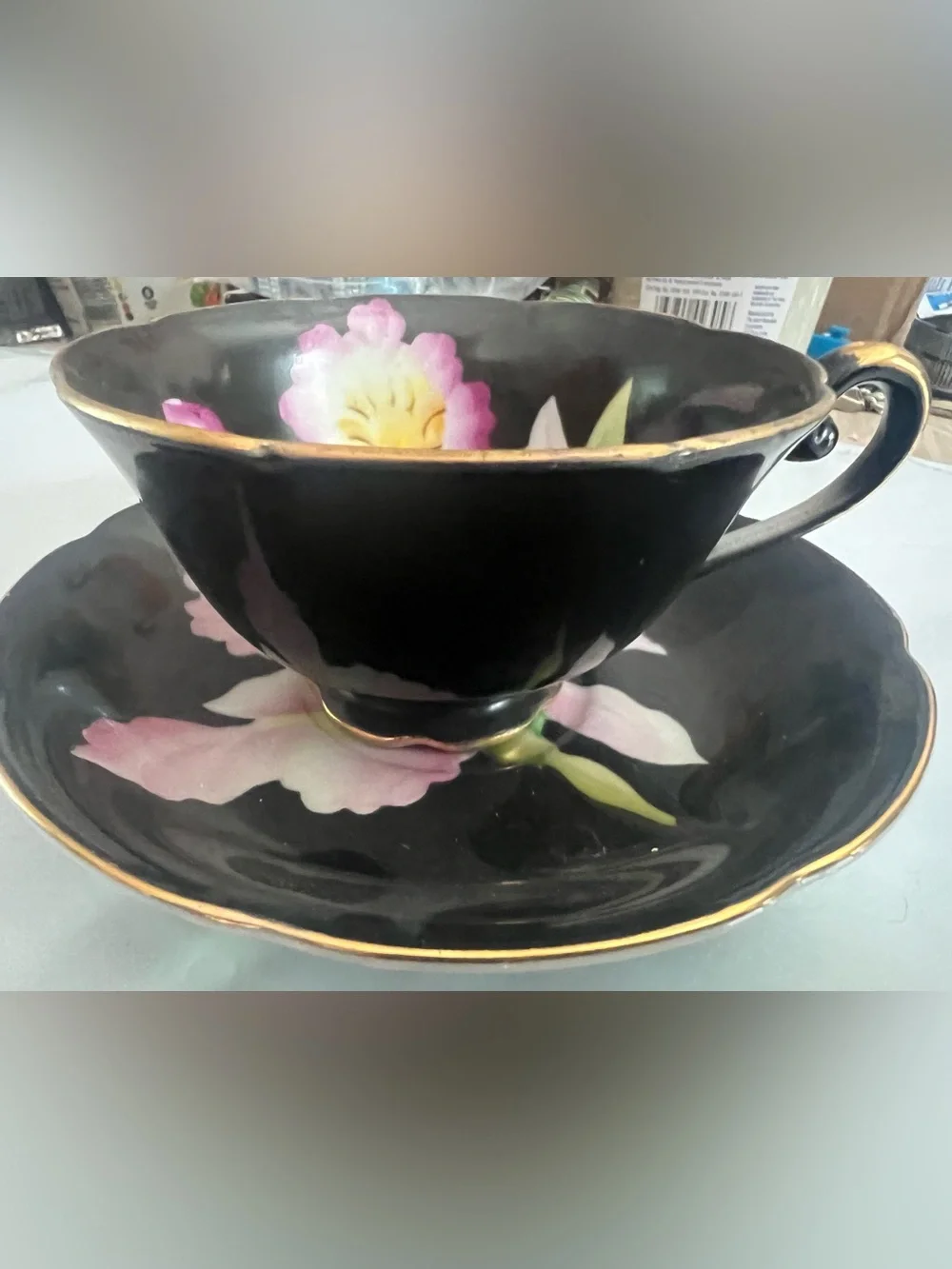 Vintage Black Floral Gold-Rim Teacup and Saucer Made in Japan